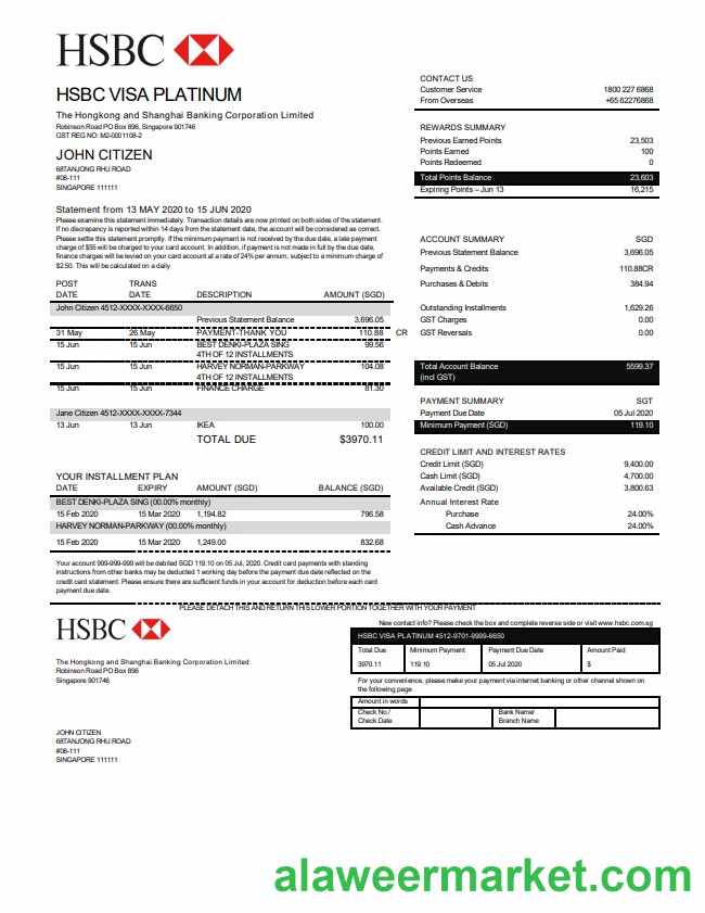 Hong Kong HSBC bank Visa Platinum credit card statement template in Word and PDF format